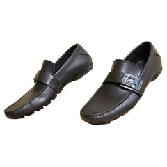 NEW VERSACE BLACK LEATHER DRIVER LOAFER SHOES with SILVER GREEK BUCKLE 40 - 7