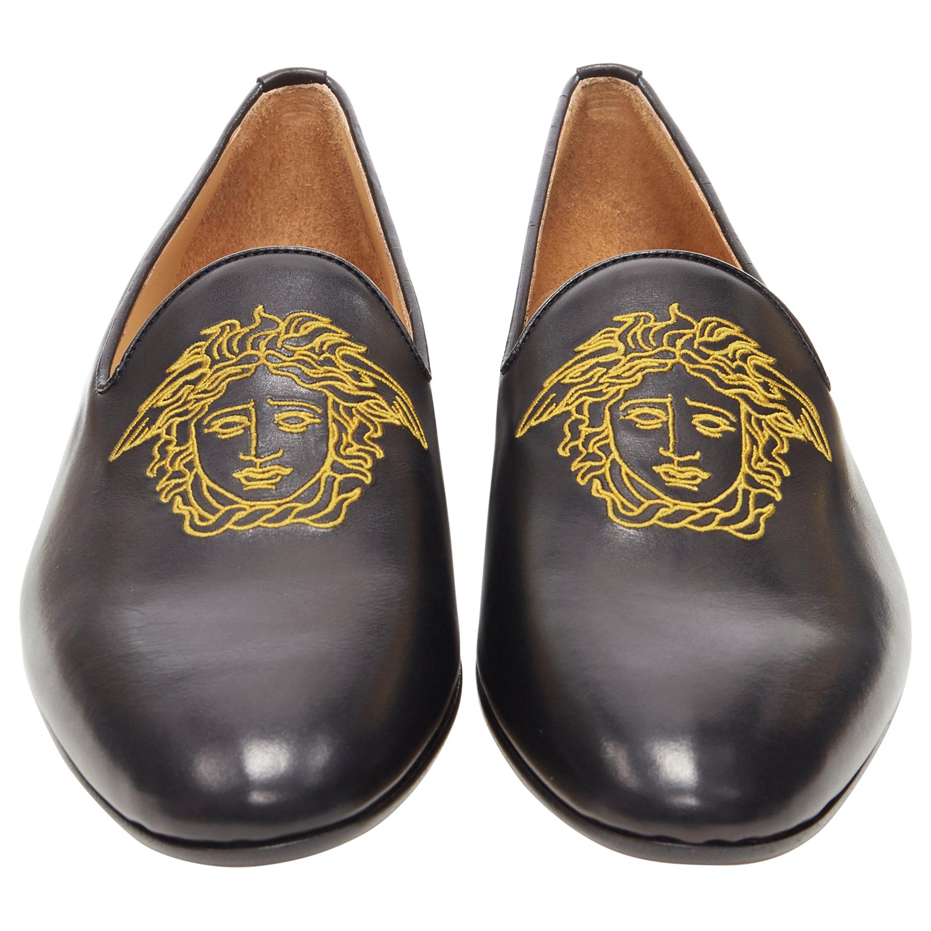 new VERSACE black leather gold Medusa embroidery le smoking slipper loafer EU43