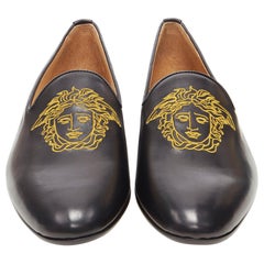 new VERSACE black leather gold Medusa embroidery le smoking slipper loafer EU44