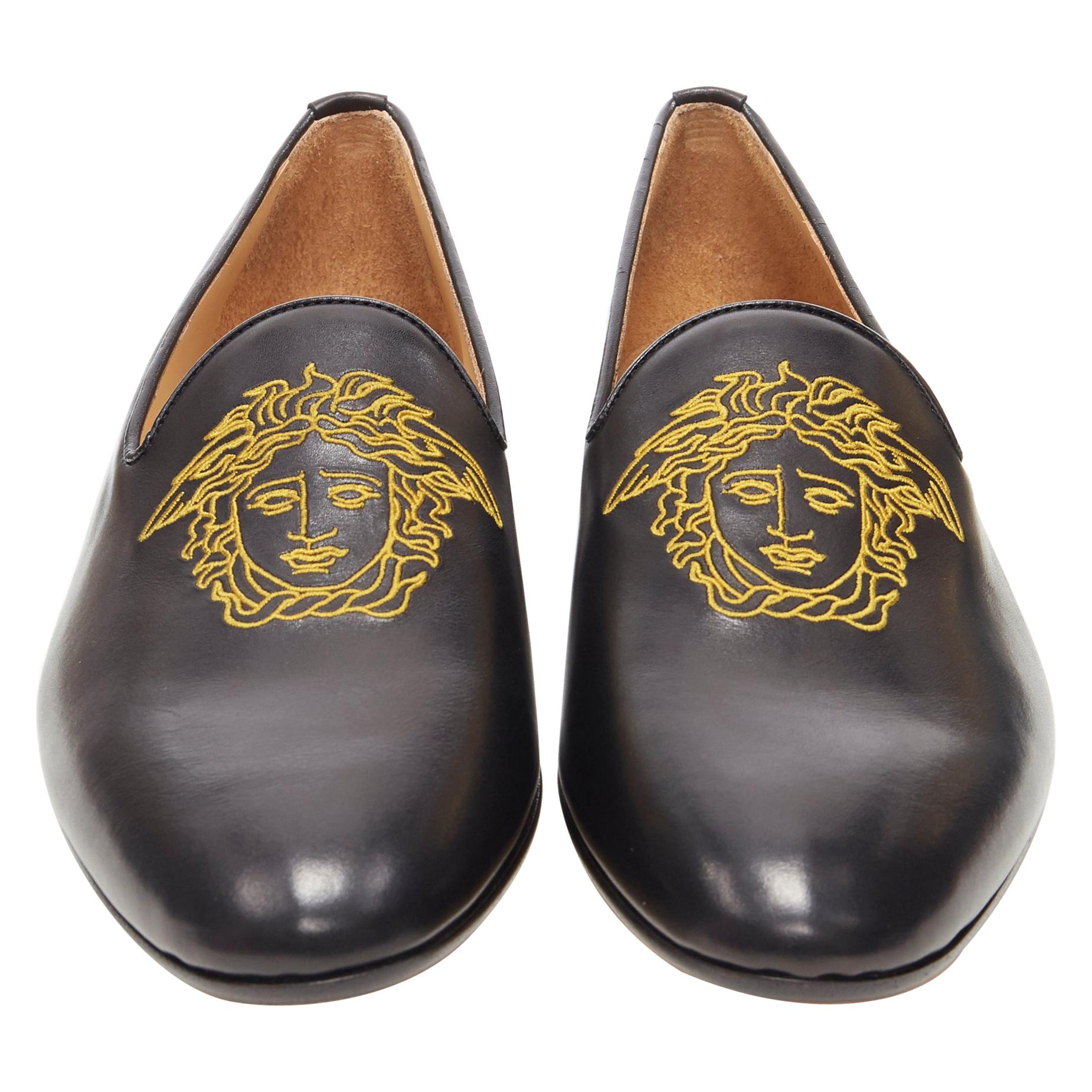 new VERSACE black leather gold Medusa embroidery Le Smoking slipper loafer  EU44 at 1stDibs