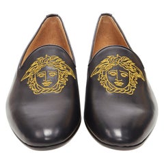 new VERSACE black leather gold Medusa embroidery Le Smoking slipper loafer EU44
