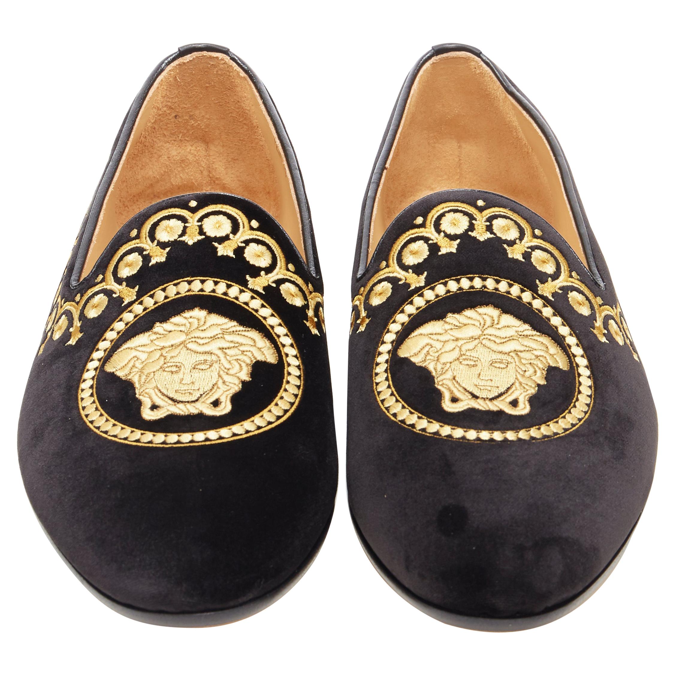 new VERSACE black leather gold Medusa embroidery Le Smoking slipper loafer EU45 For Sale 1stDibs