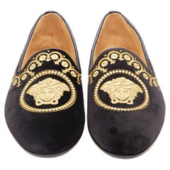 new VERSACE black leather gold Medusa embroidery Le Smoking slipper loafer EU45
