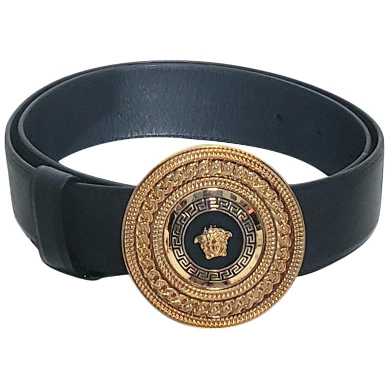 NEW VERSACE BLACK LEATHER GOLD PLATED 