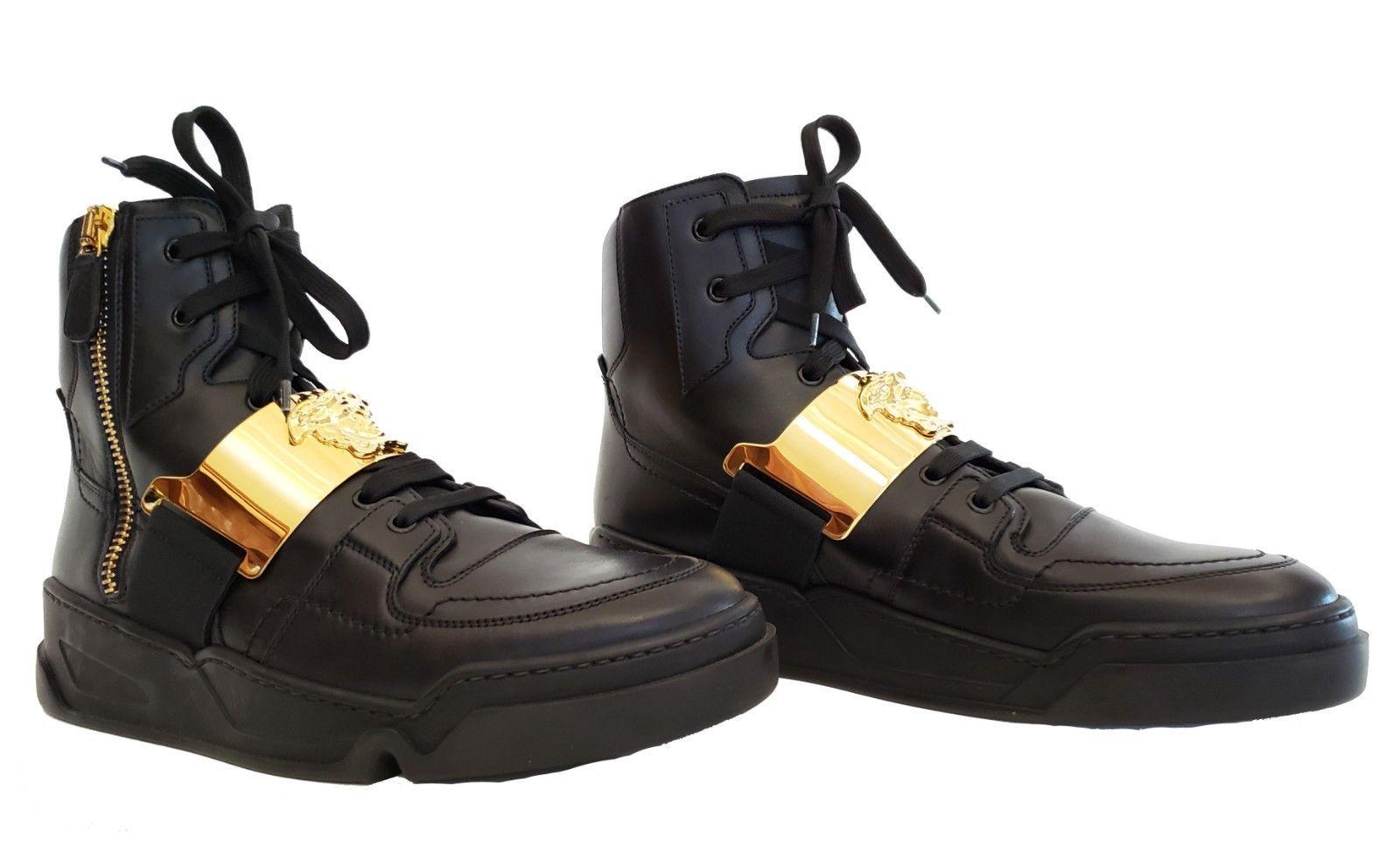 Black New VERSACE BLACK LEATHER HIGH TOP SNEAKERS for MEN