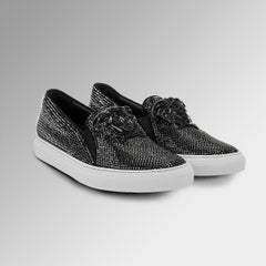 New Versace Black Leather Palazzo Low-Top Crystal Embellished Sneakers 38 - 8