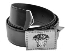 New VERSACE BLACK LEATHER SILVER PLATED BUCKLE GREEK MEDUSA BELT 90/36