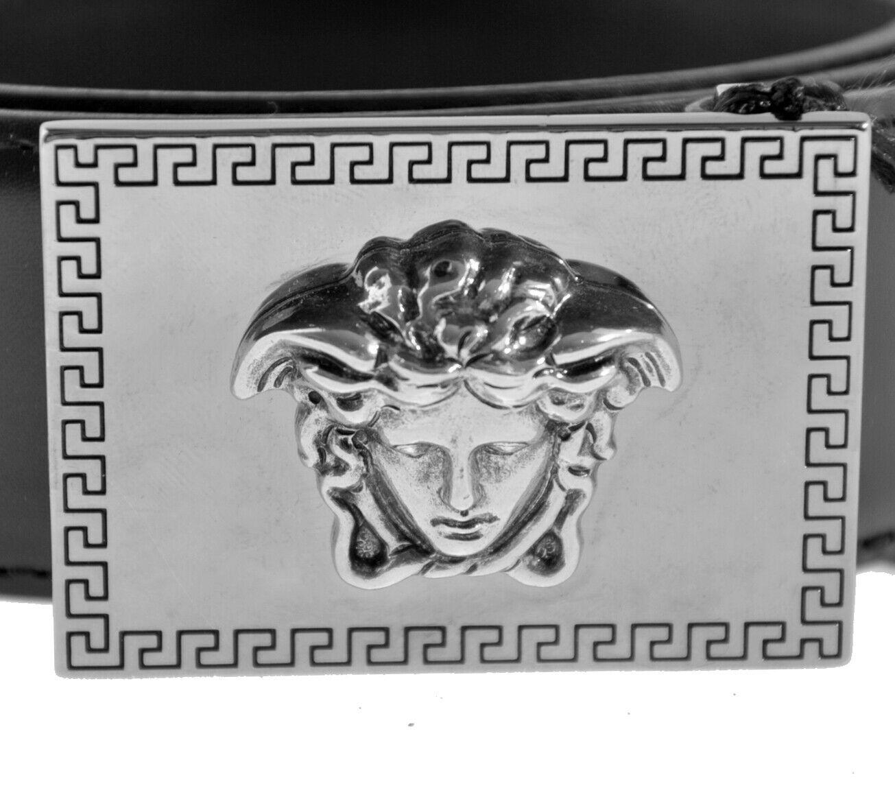 New VERSACE BLACK LEATHER SILVER PLATED BUCKLE GREEK MEDUSA BELT 90/36 In New Condition For Sale In Montgomery, TX