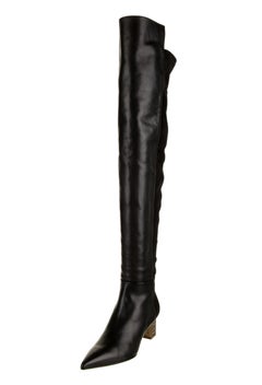New Versace Black Leather Suede Greek Key Gold Tone Heel Over Knee Boots 38