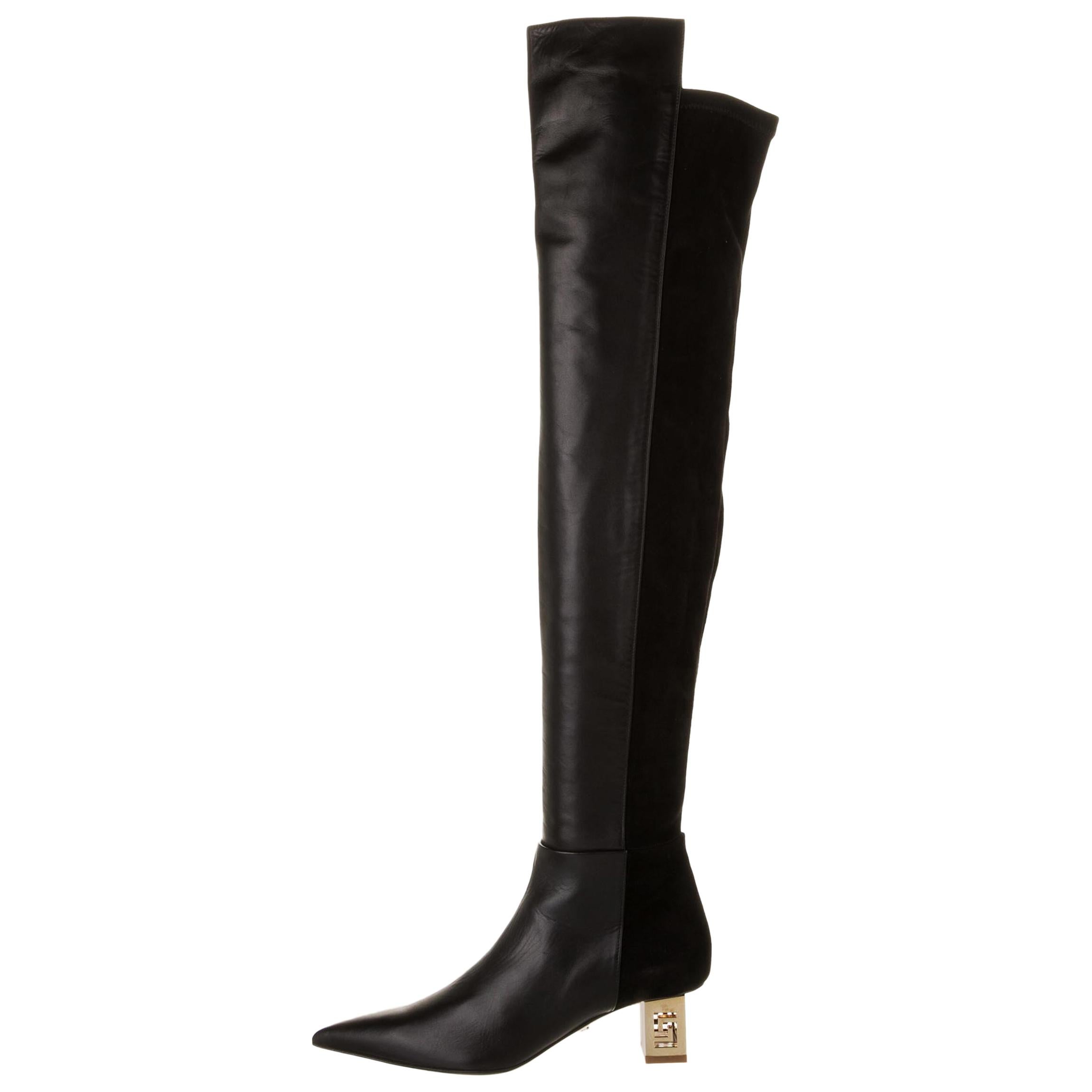 New Versace Black Leather Suede Greek Key Gold Tone Heel Over Knee Boots 38 & 39