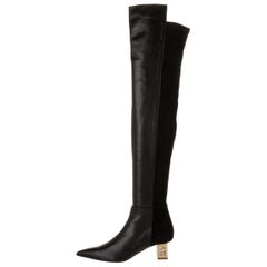 New Versace Black Leather Suede Greek Key Gold Tone Heel Over Knee Boots 38 