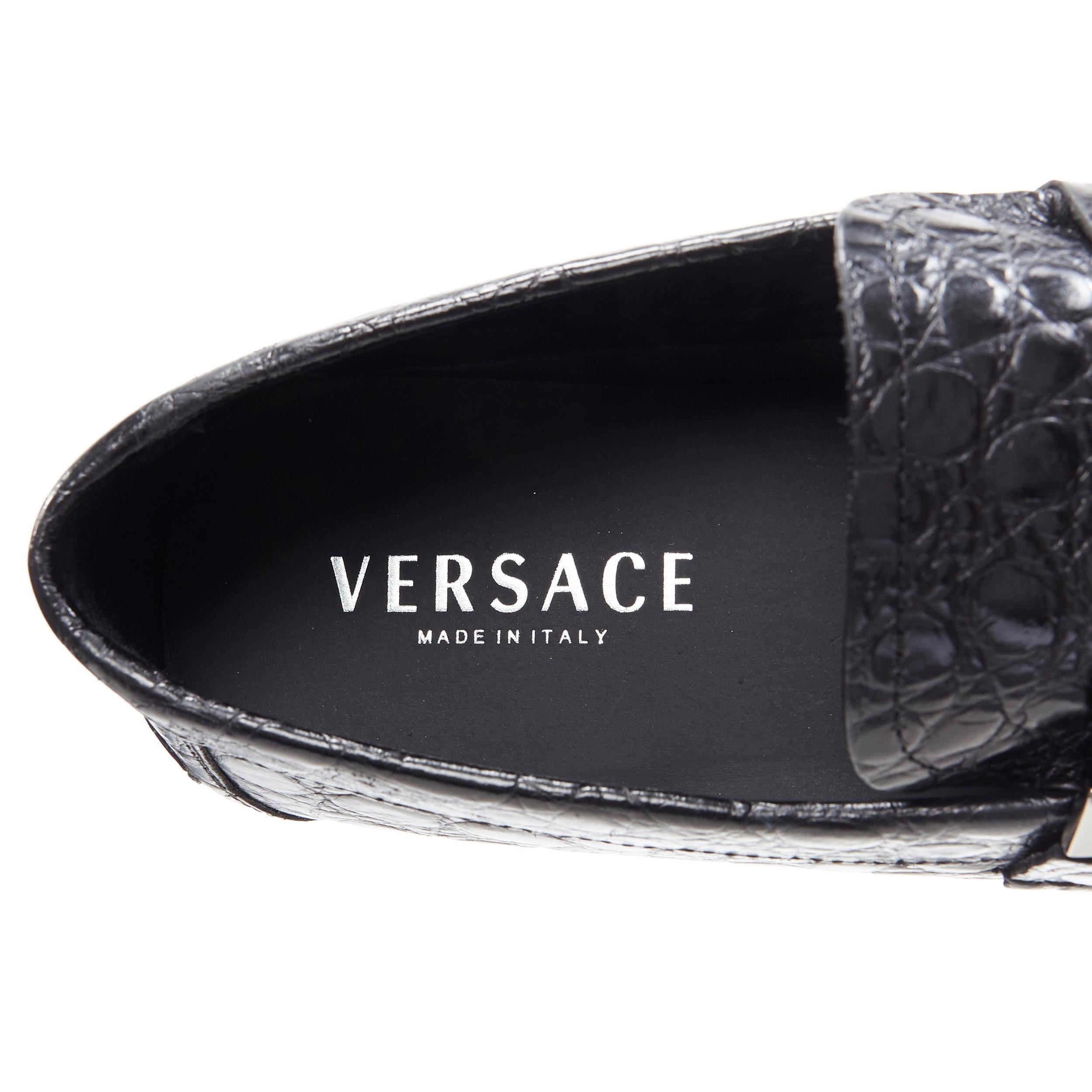 new VERSACE black mock croc leather silver Medusa strapped car shoe loafer EU44 2
