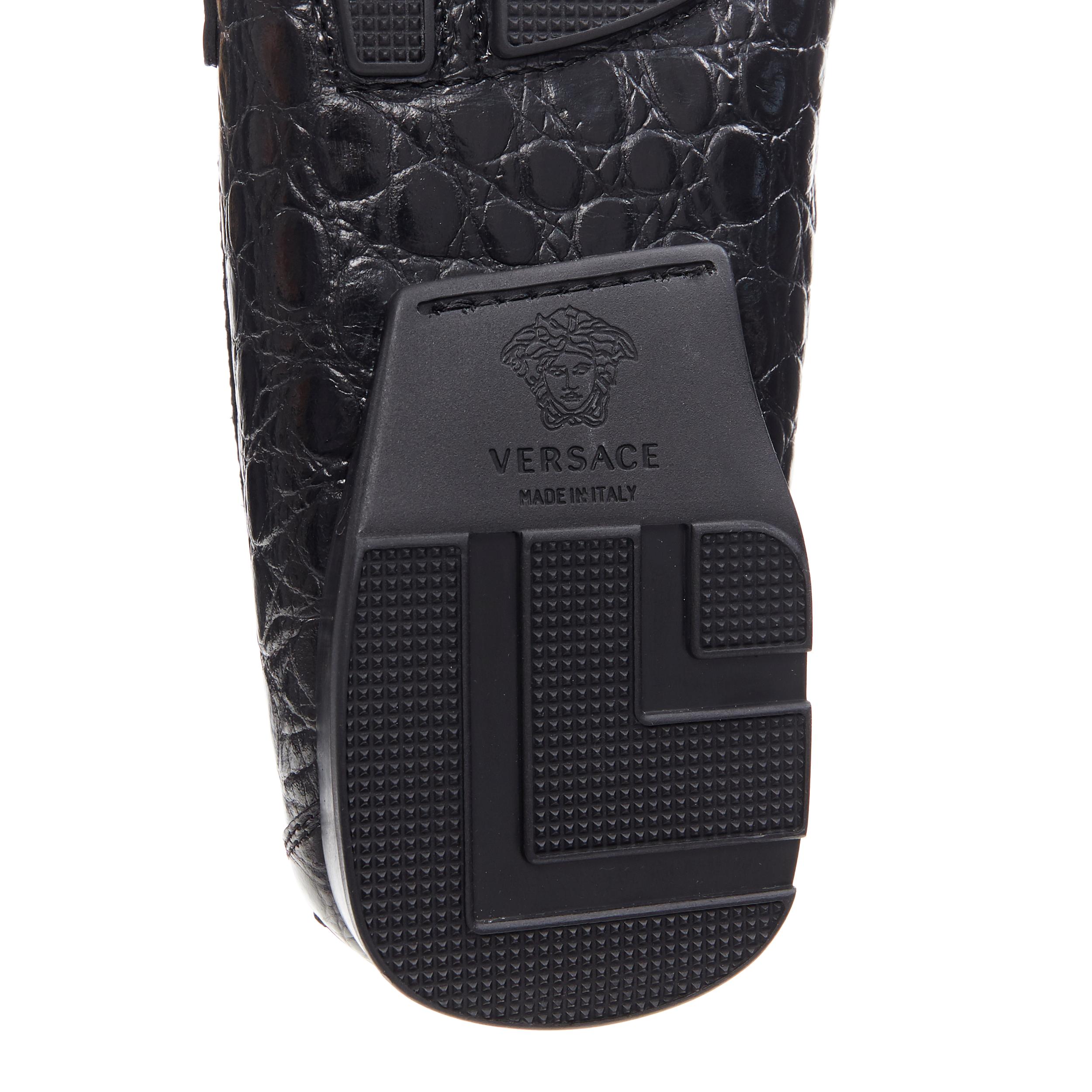 new VERSACE black mock croc leather silver Medusa strapped car shoe loafer EU44 3