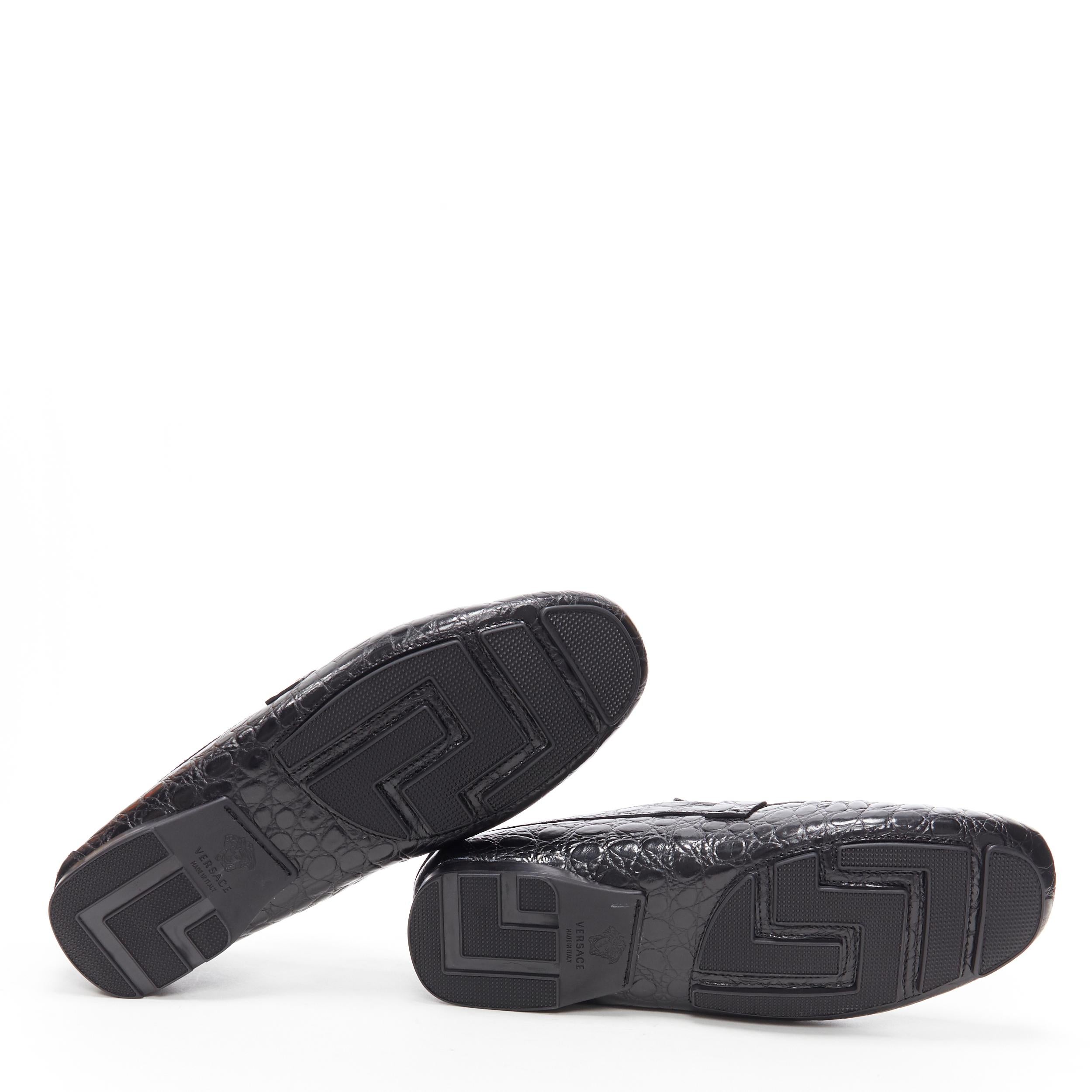 Black new VERSACE black mock croc leather silver Medusa strapped car shoe loafer EU44