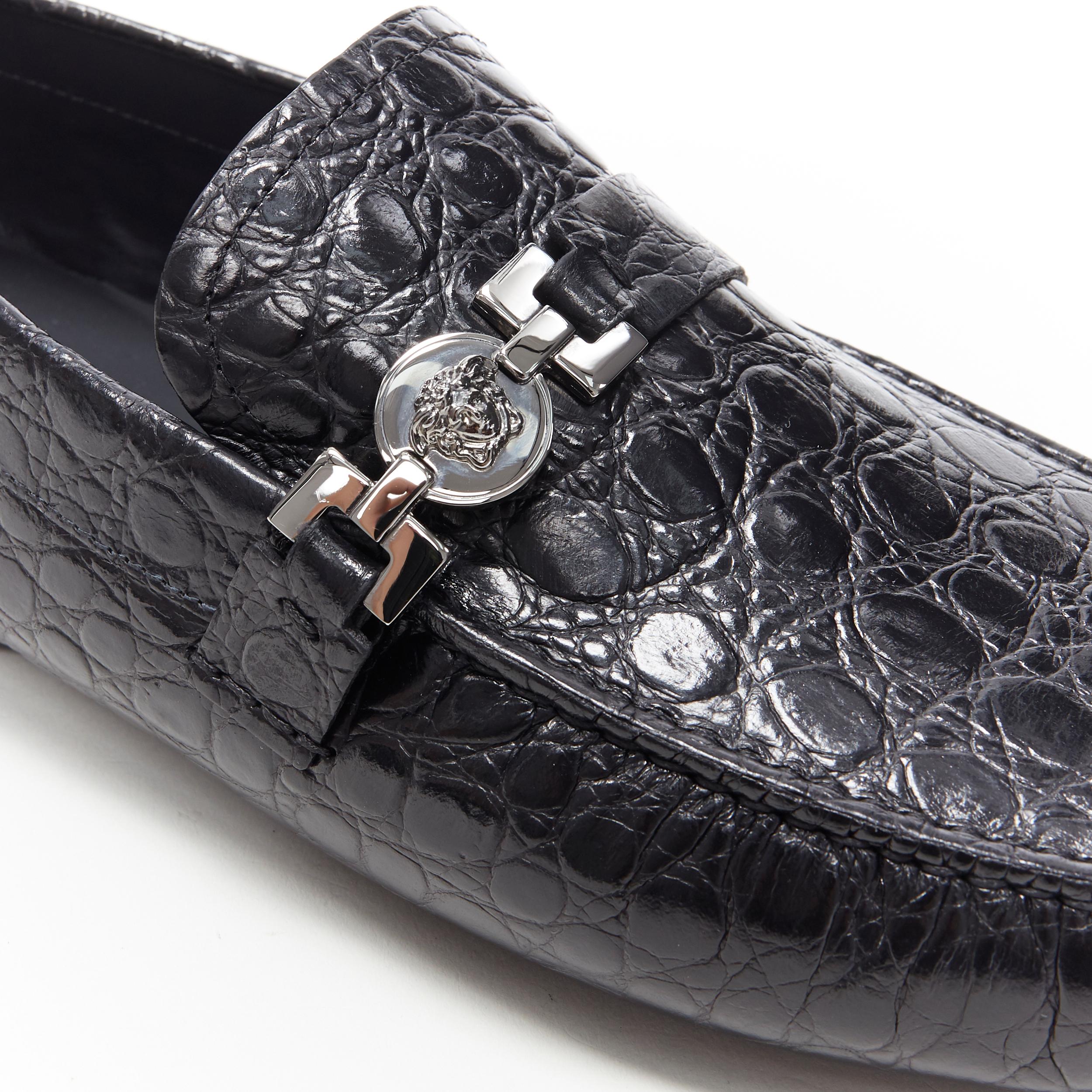 Men's new VERSACE black mock croc leather silver Medusa strapped car shoe loafer EU44