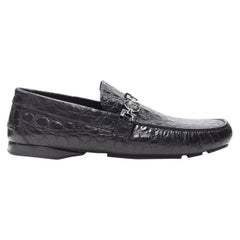 new VERSACE black mock croc leather silver Medusa strapped car shoe loafer EU44