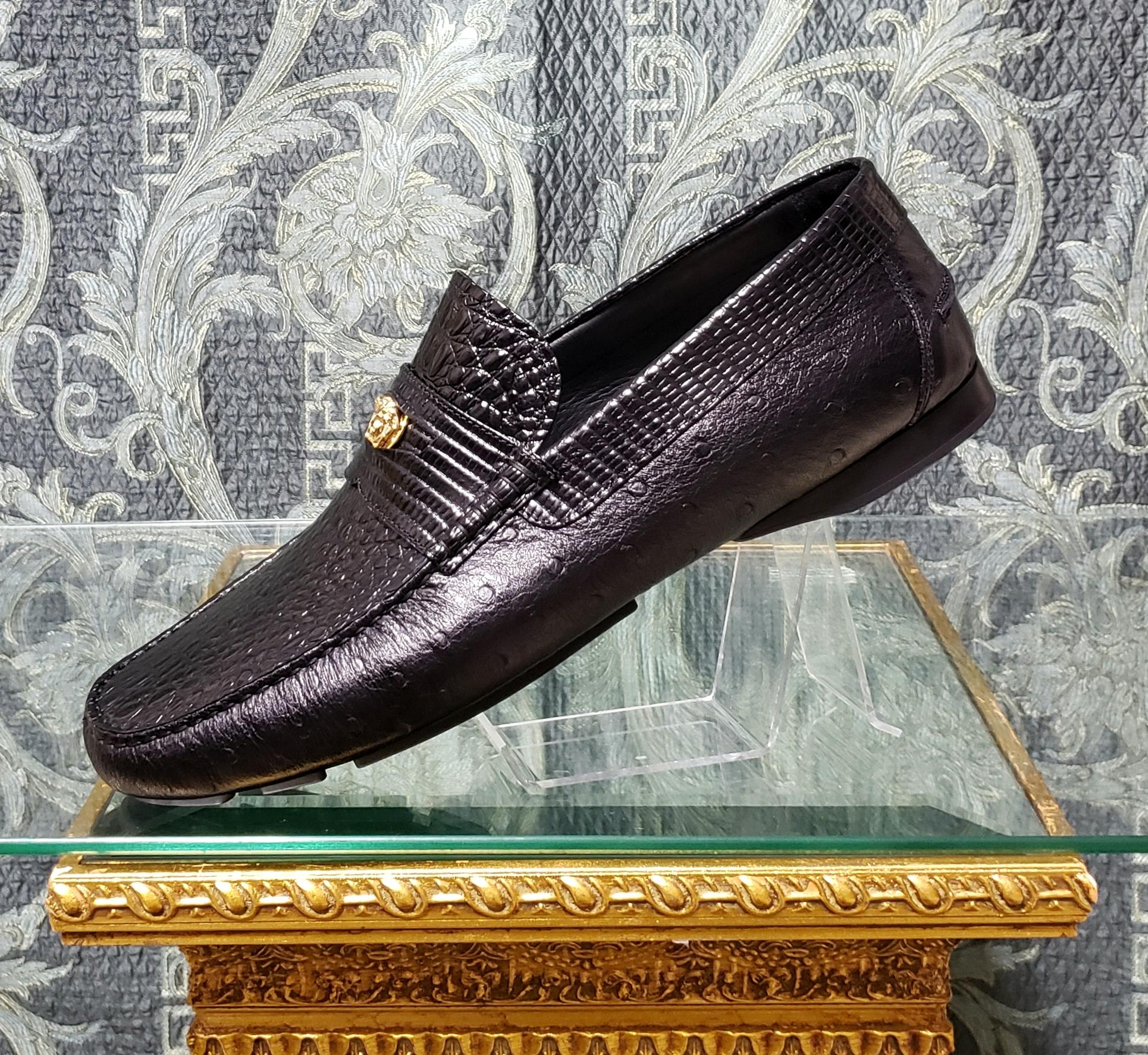 Black NEW VERSACE BLACK OSTRICH and CROCODILE PRINT LEATHER CITY LOAFER SHOES 46 - 13