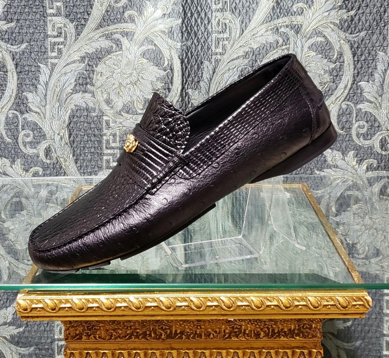 Versace Men's Dark Brown Croc Print Leather Moccasins Driving Shoes