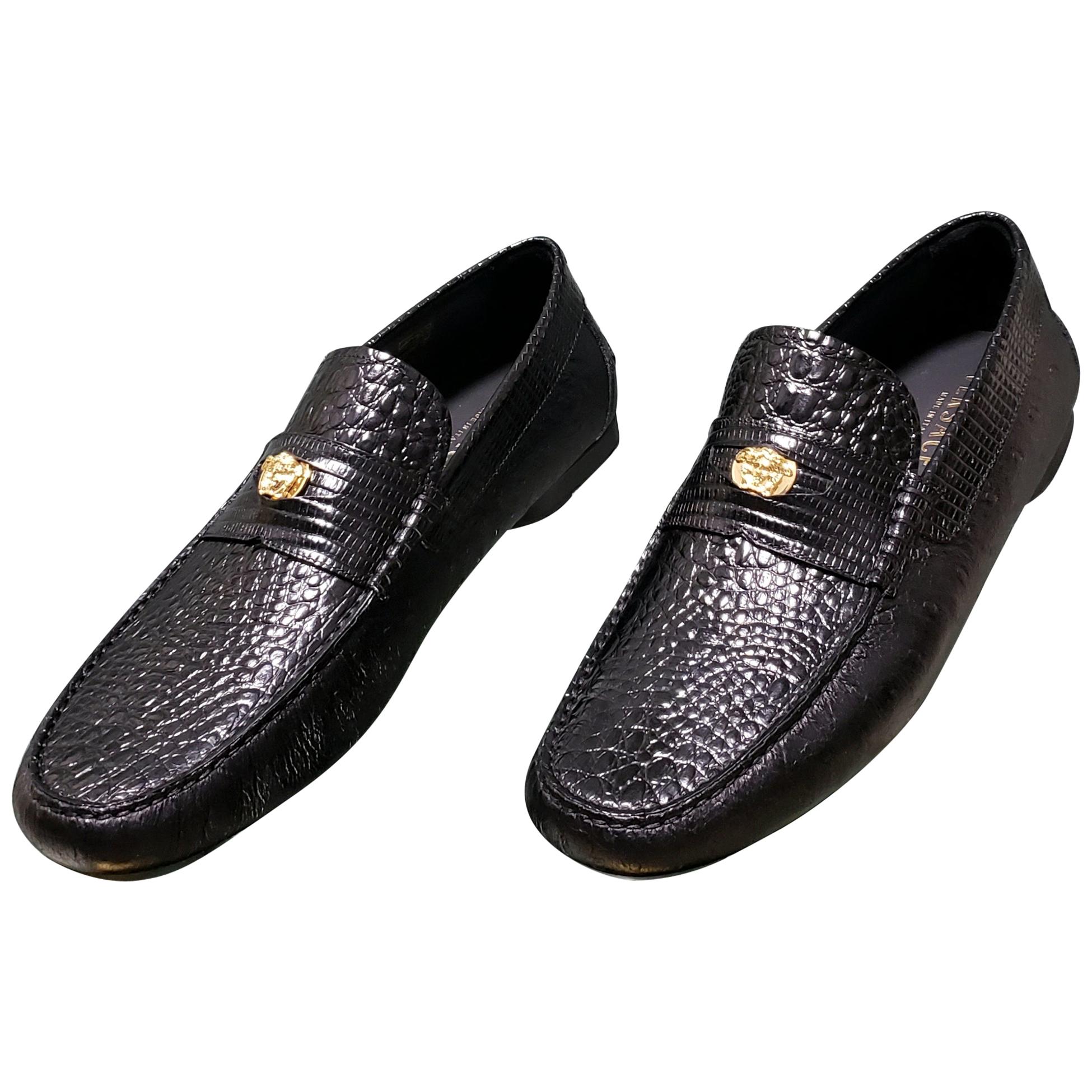 NEW VERSACE BLACK OSTRICH and CROCODILE PRINT LEATHER CITY LOAFER SHOES 46 - 13