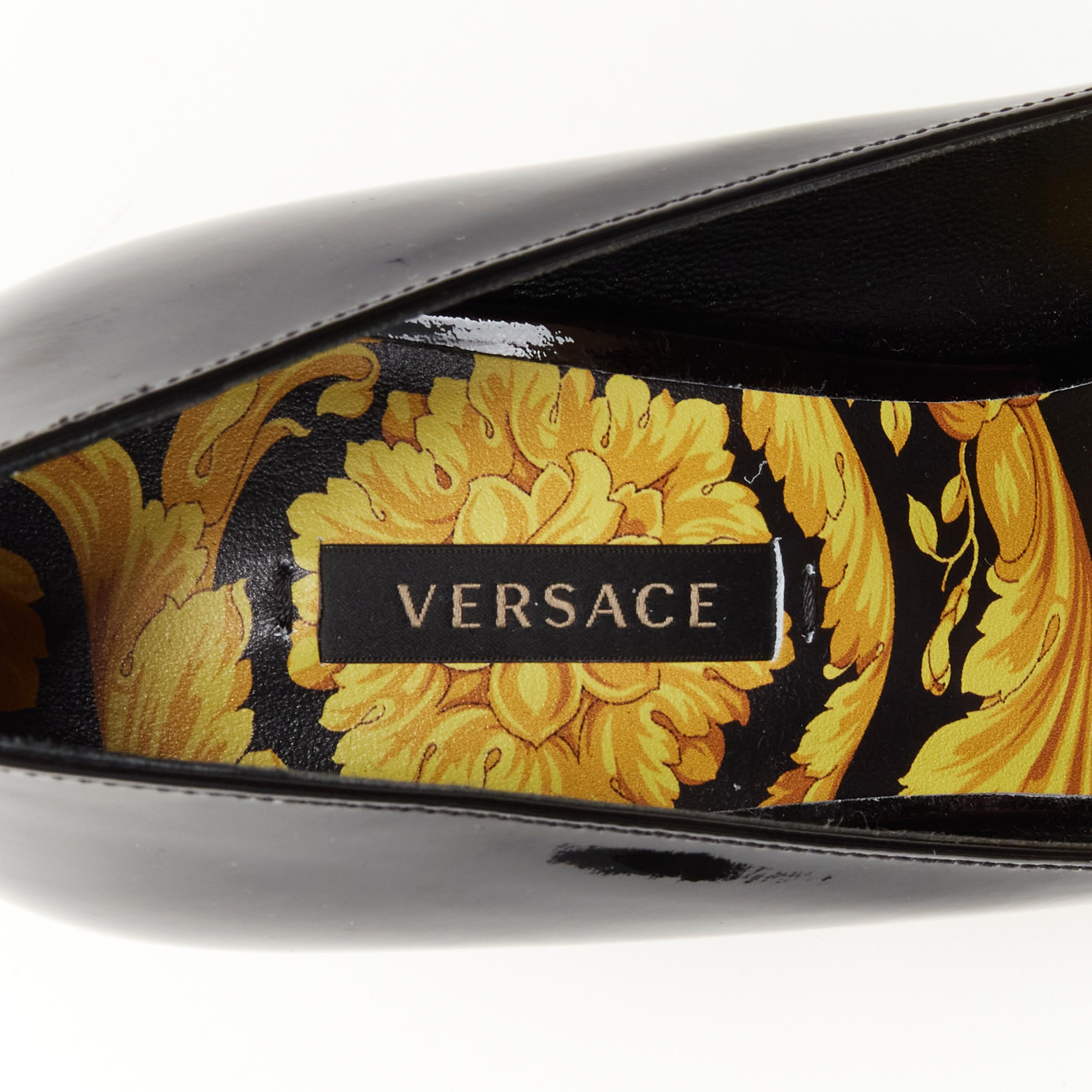 new VERSACE black patent leather gold Medusa stud Barocco print sole pump EU37.5 4