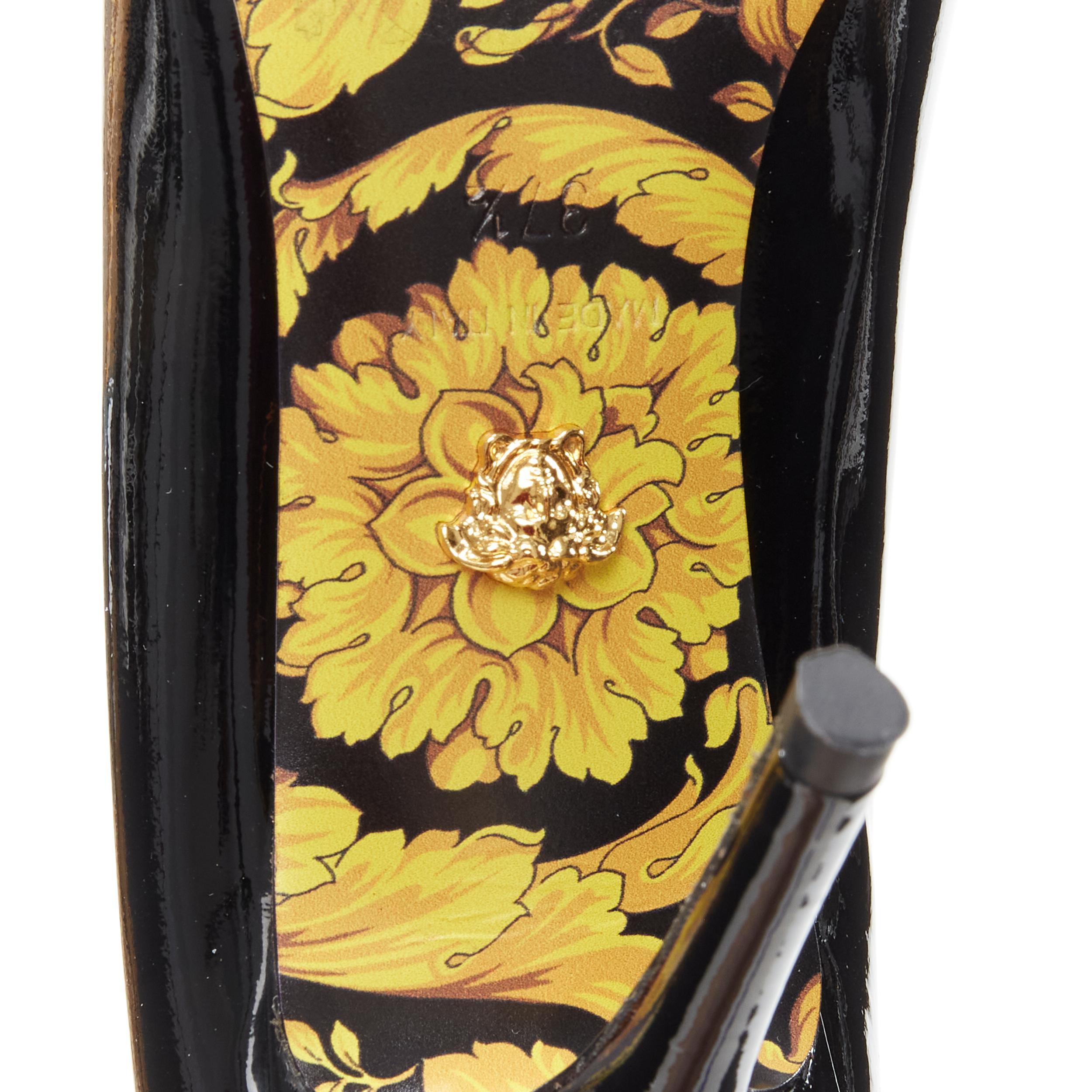 new VERSACE black patent leather gold Medusa stud Barocco print sole pump EU37.5 5