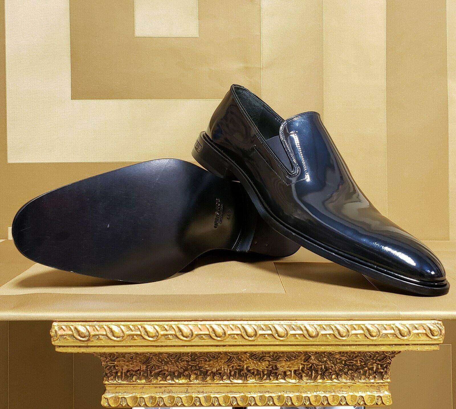 Black New VERSACE BLACK PATENT LEATHER LOAFER SHOES 44.5 - 11.5 For Sale