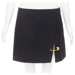 new VERSACE black pure virgin wool gold Medusa Safety Pin mini skirt IT38 XS