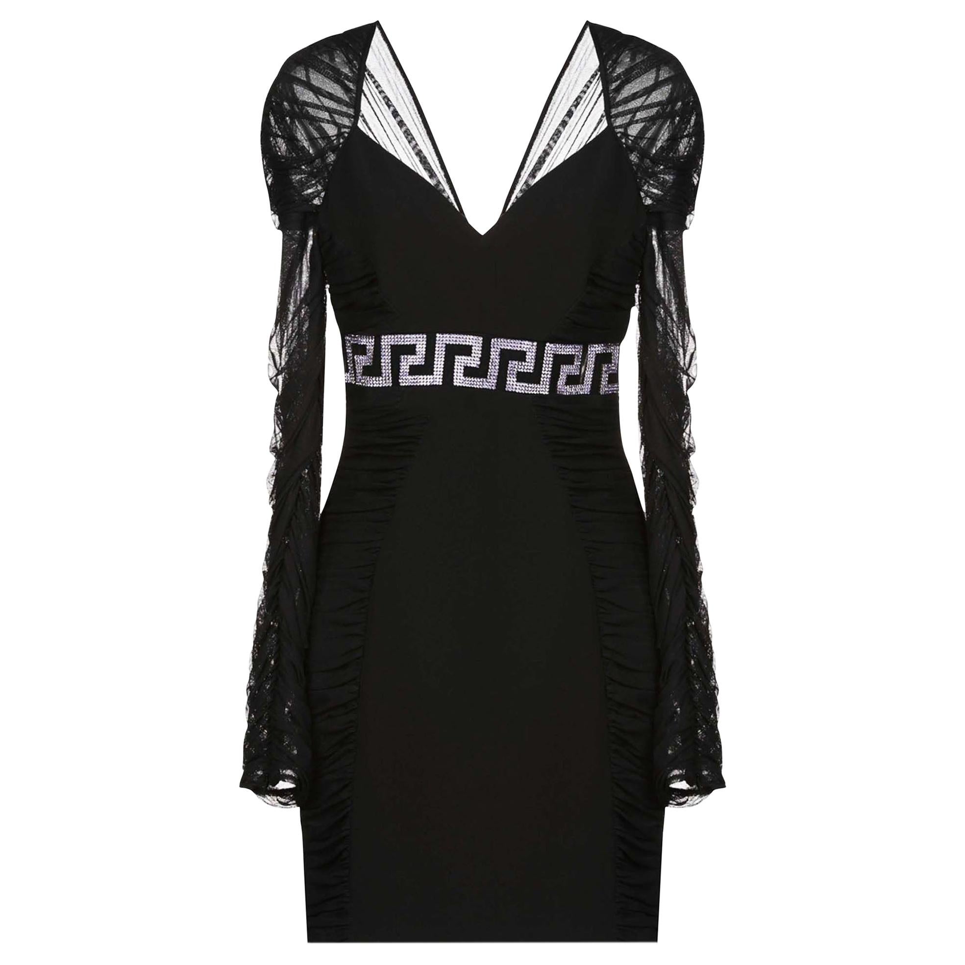 Nuevo Versace Negro Púrpura Cristal Embellished Draped Tulle Crepe Mini Dress 42 44 en venta