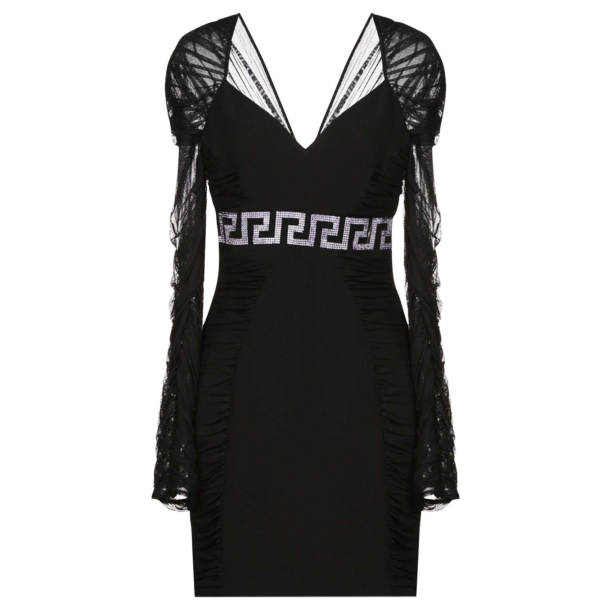 New Versace Black Purple Crystal Embellished Draped Tulle Crepe Mini Dress 42 44 For Sale