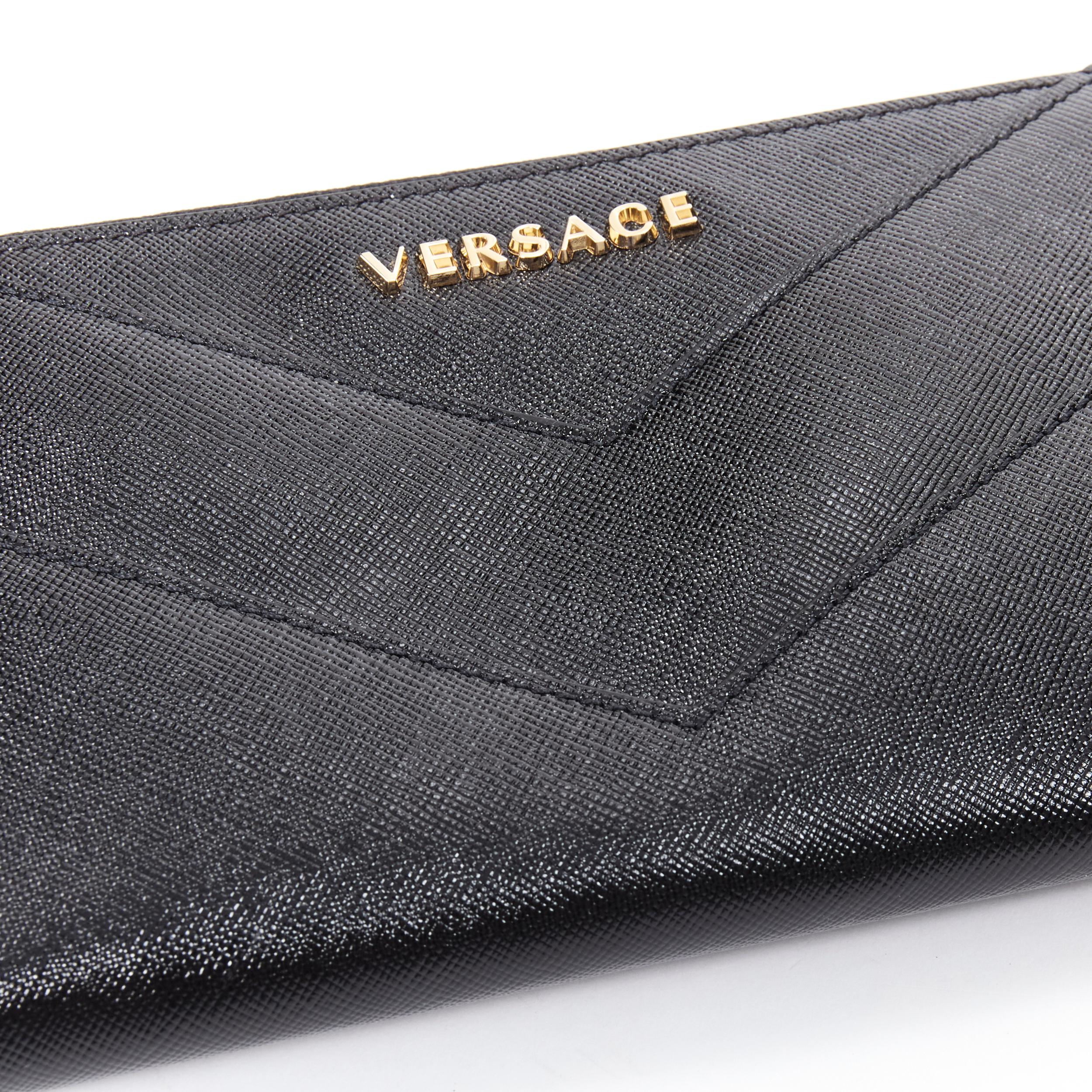 Black new VERSACE black saffiano leather gold logo V stitch continental long wallet For Sale