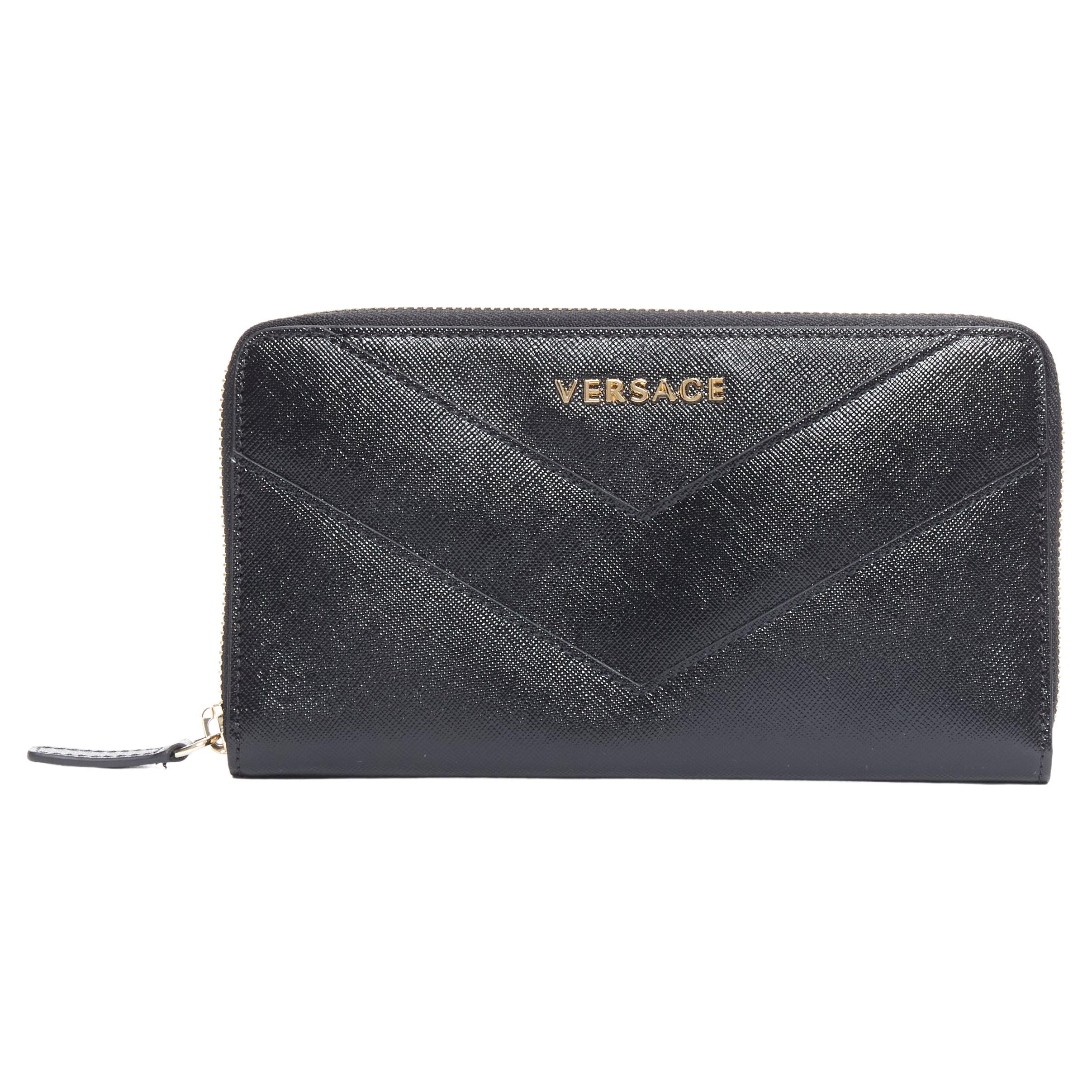 new VERSACE black saffiano leather gold logo V stitch continental long wallet For Sale