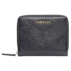 new VERSACE black saffiano leather gold logo V stitching short wallet