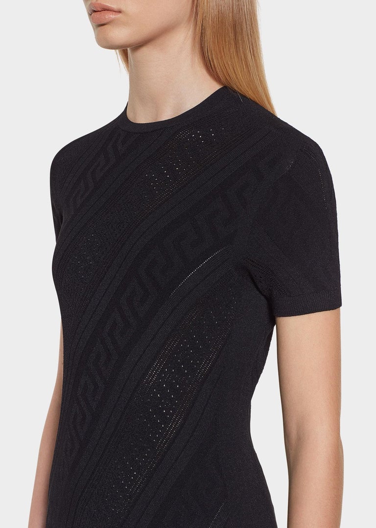 New Versace Black Seamless Fitted Stretch Knit Greek Key Dress For Sale ...