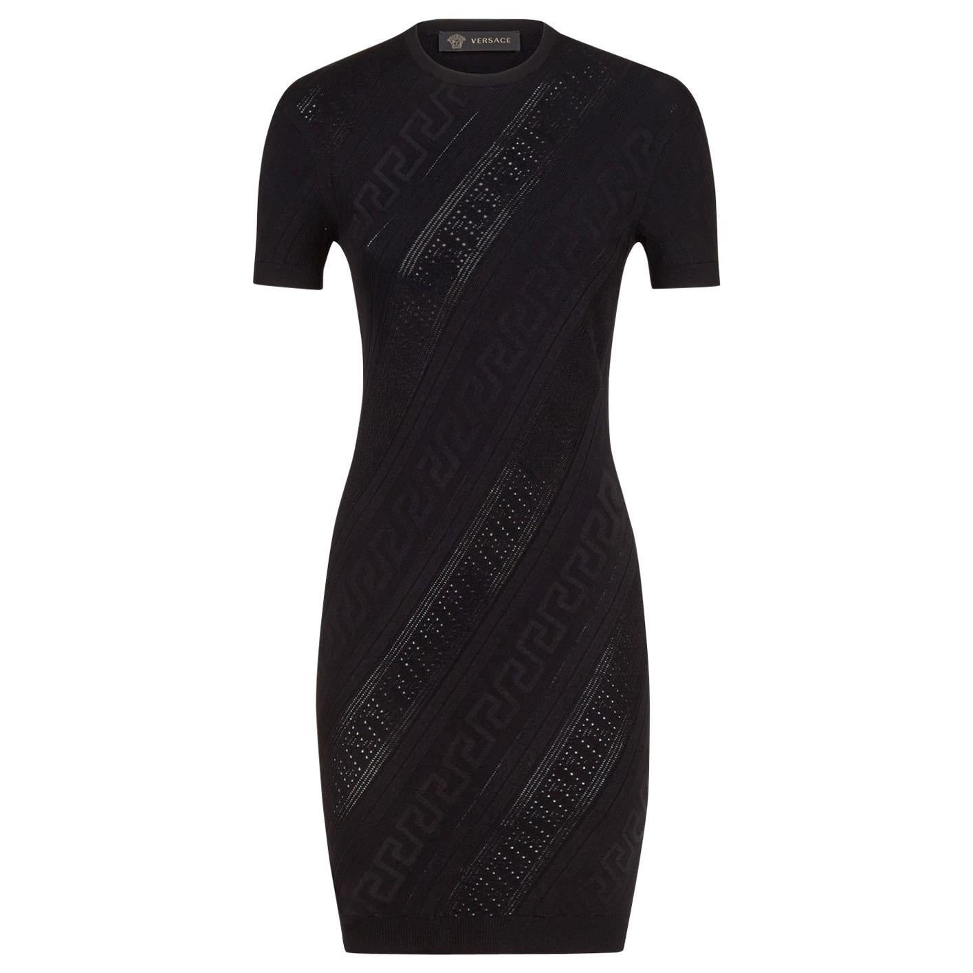 New Versace Black Seamless Fitted Stretch Knit Greek Key Dress  For Sale