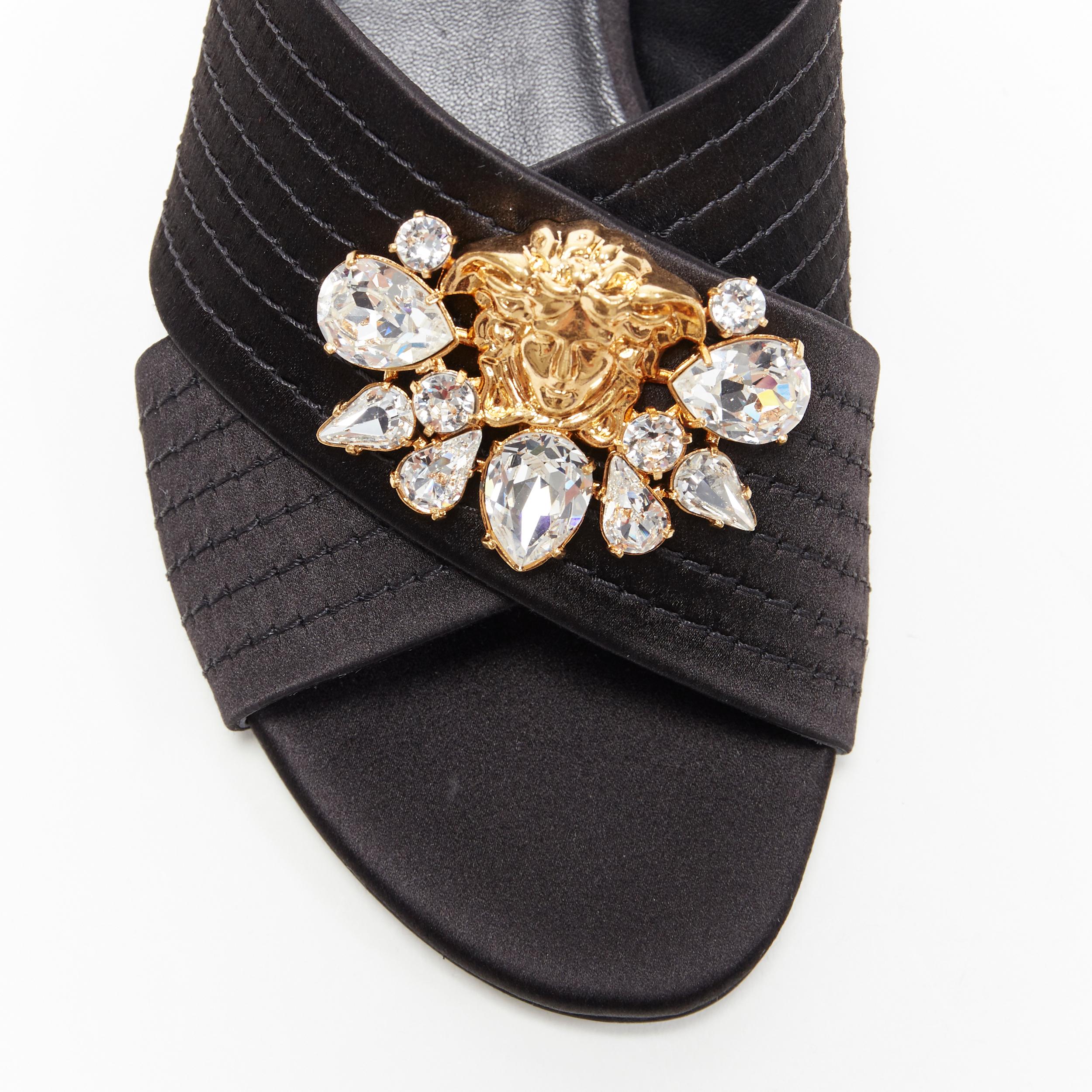Black new VERSACE black silk satin crystal jewel gold Medusa cross strap sandals EU38