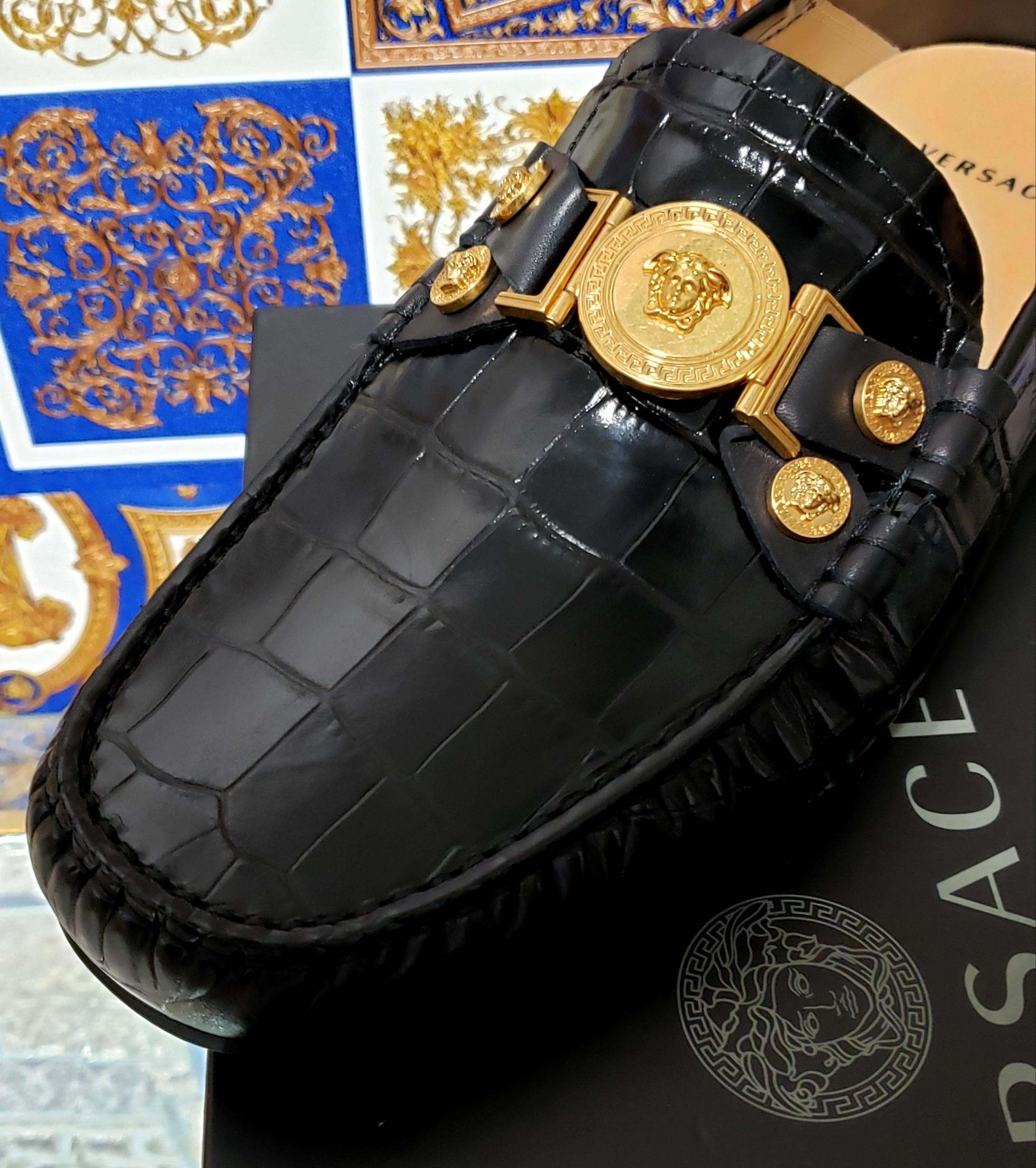 NEW VERSACE BLACK STAMPED CROCODILE LEATHER CITY LOAFER Shoes 39.5 - 6.5 1