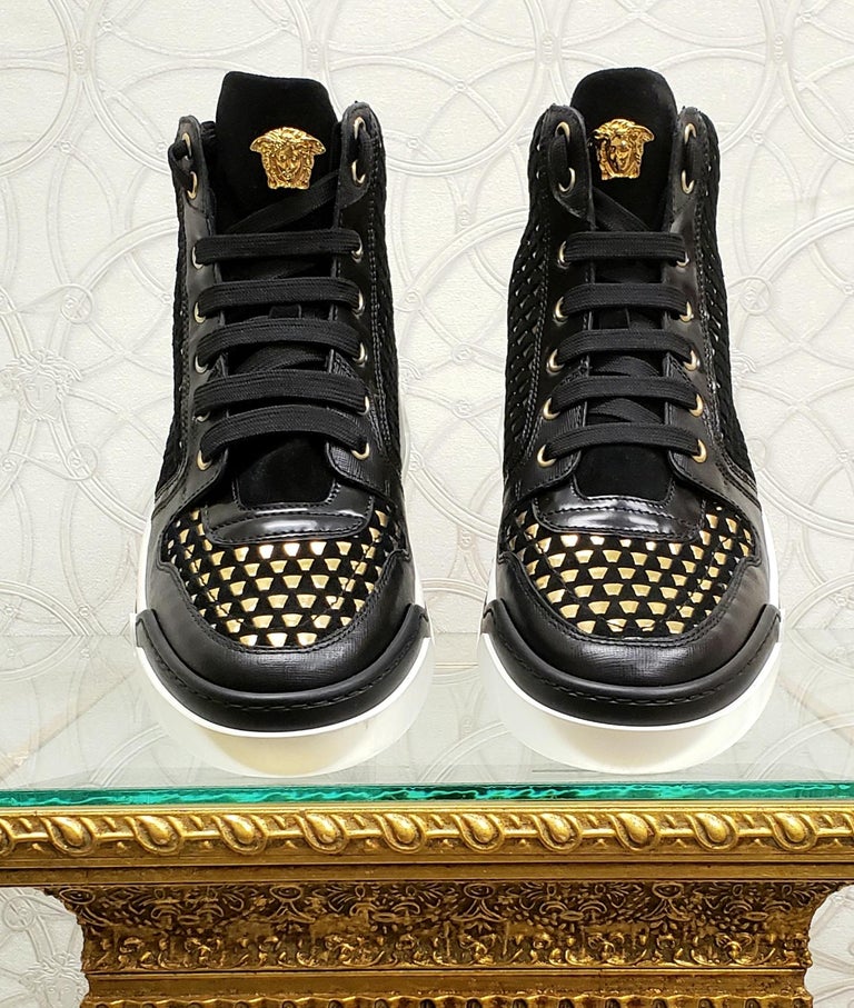 NEW VERSACE BLACK SUEDE GOLD WEAVE HIGH-TOP SNEAKERS W/Gold MEDUSA 42 - 9  at 1stDibs