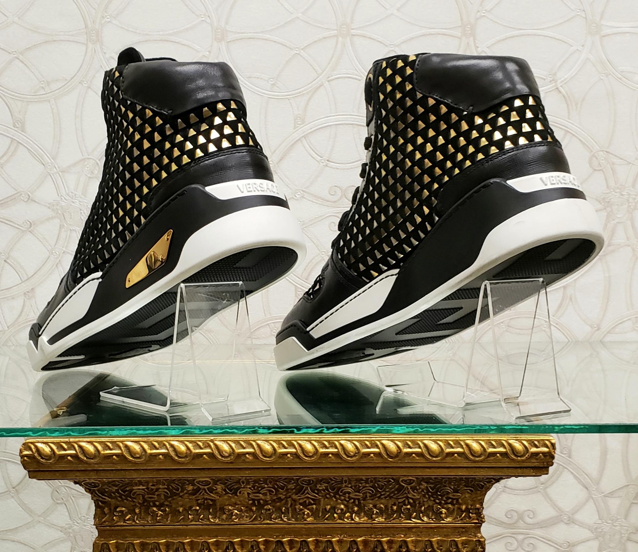 Black NEW VERSACE BLACK SUEDE GOLD WEAVE HIGH-TOP SNEAKERS W/Gold MEDUSA 42 - 9