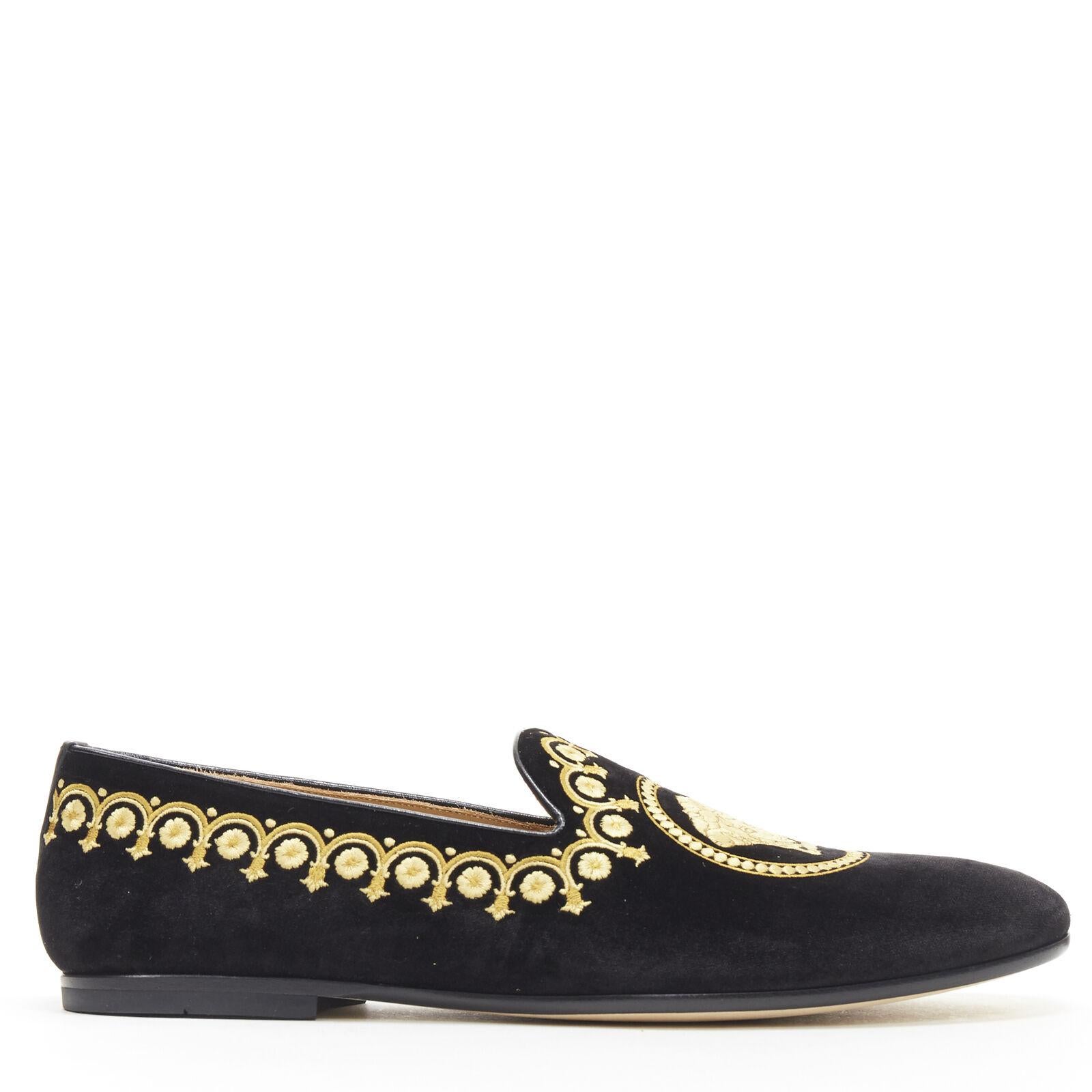 NEW VERSACE black vekvet Medusa baroque embroidery smoking slipper loafer EU42 4