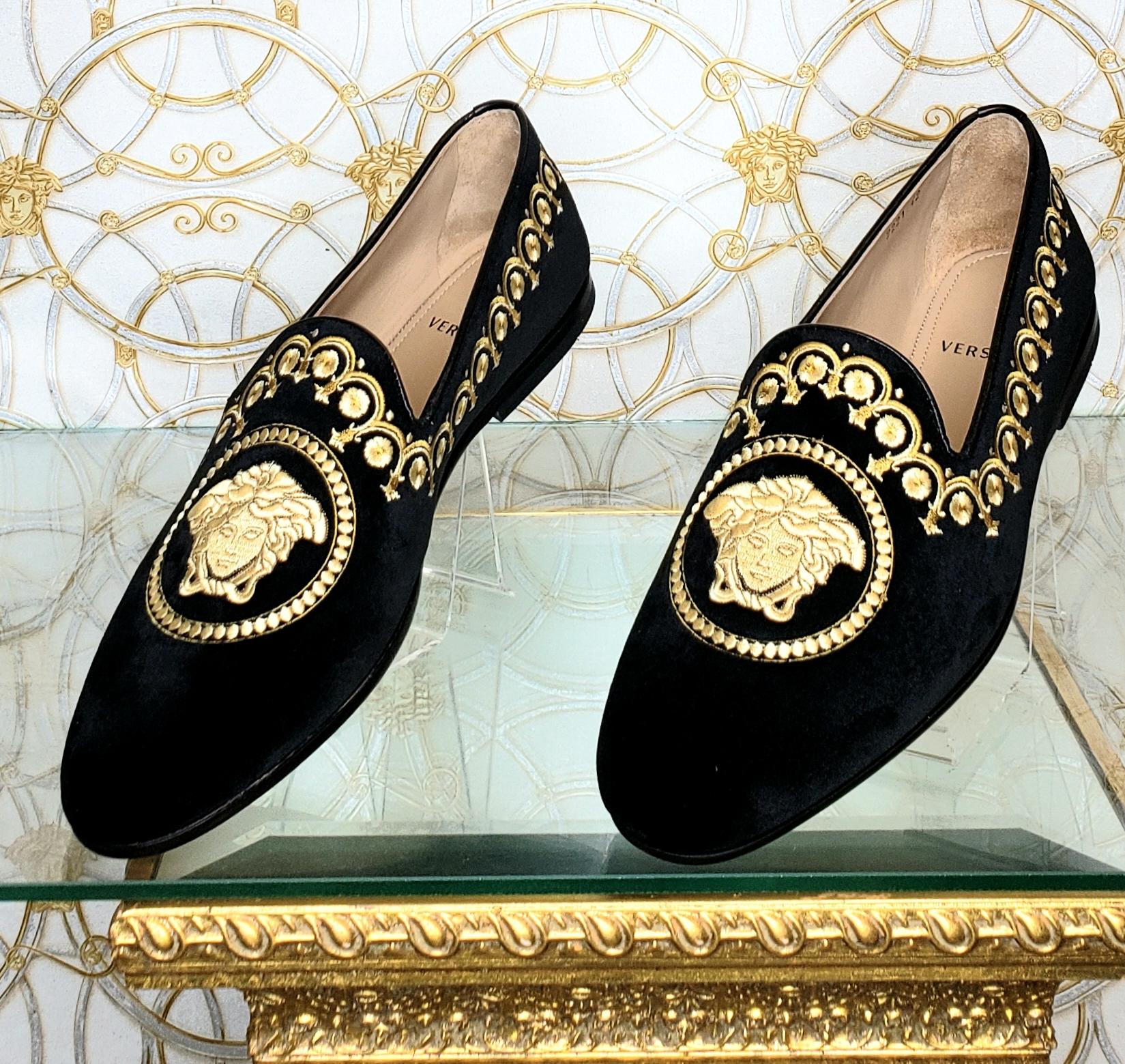 Black NEW VERSACE black vekvet Medusa baroque embroidery smoking slipper loafer EU42