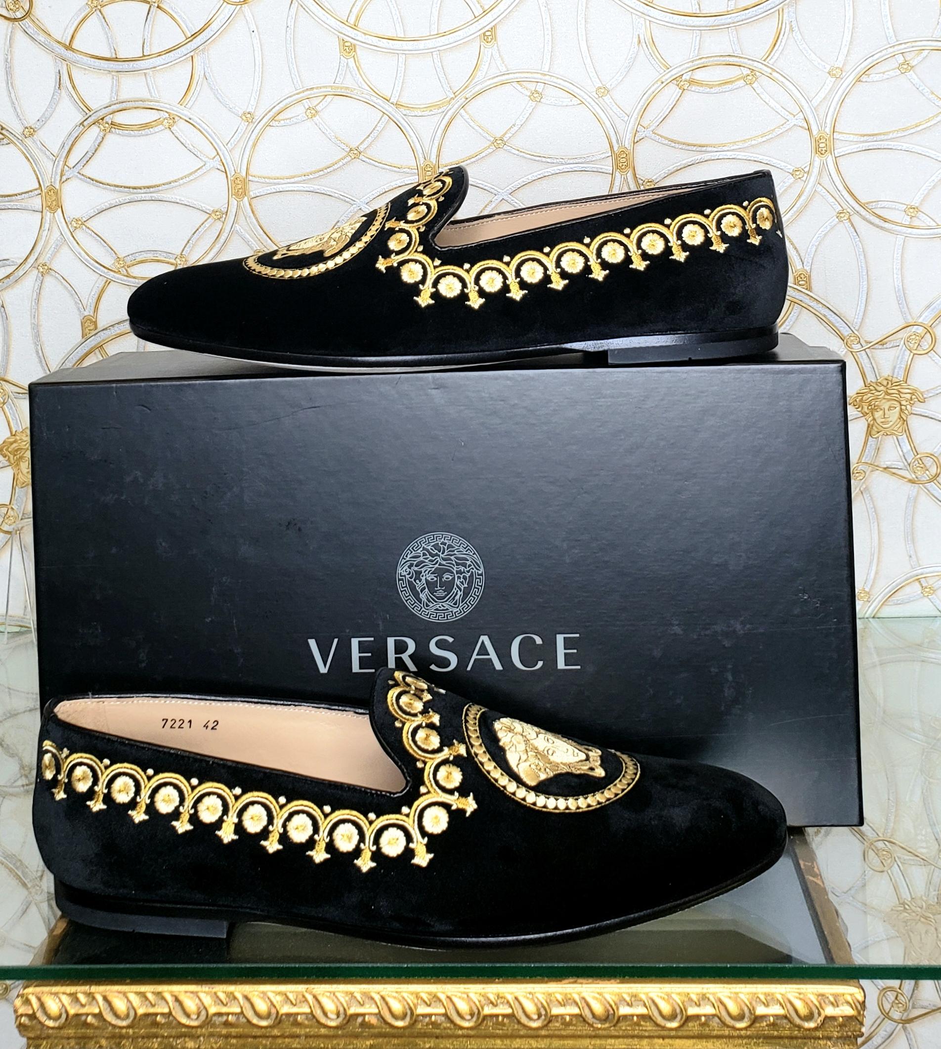 Men's NEW VERSACE black vekvet Medusa baroque embroidery smoking slipper loafer EU42