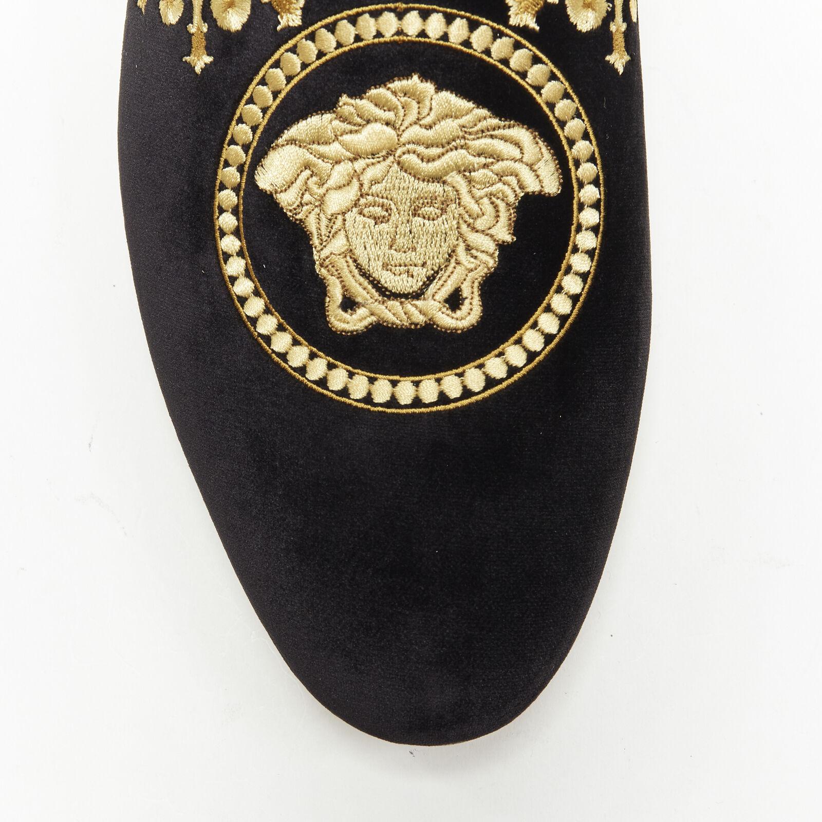 NEW VERSACE black vekvet Medusa baroque embroidery smoking slipper loafer EU42 8