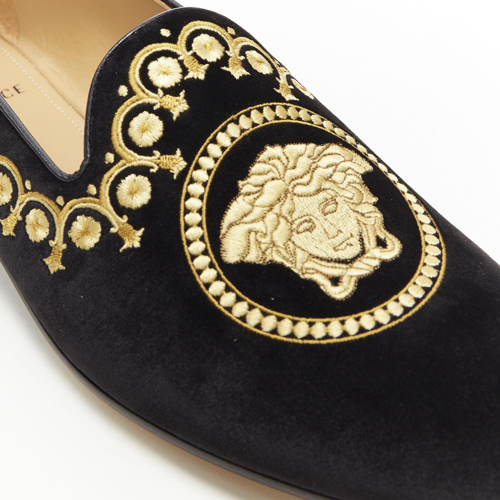 NEW VERSACE black vekvet Medusa baroque embroidery smoking slipper loafer EU42 9