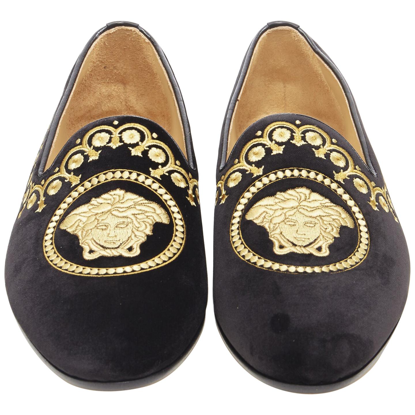 NEW VERSACE black vekvet Medusa baroque embroidery smoking slipper loafer EU42