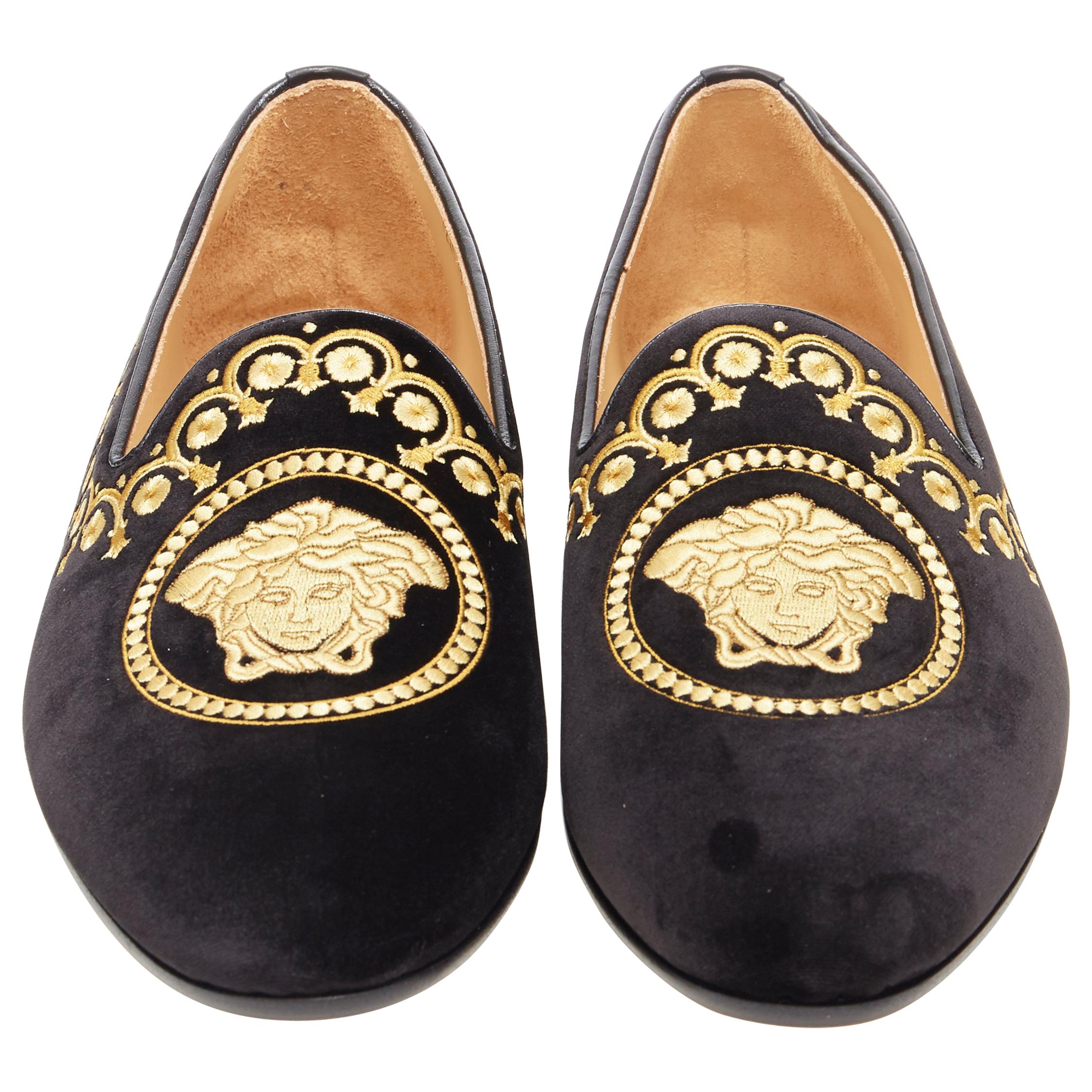 neu VERSACE schwarz vekvet Medusa Barock Stickerei Raucher Slipper Slipper EU43