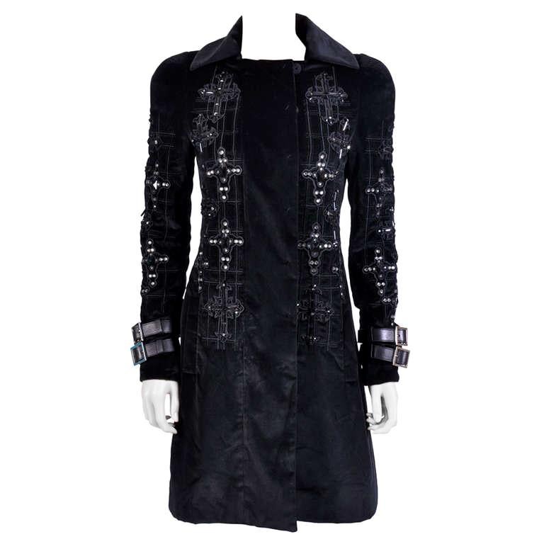 New VERSACE Black Velvet Crystal Cross Embellished Coat as seen on Donatella