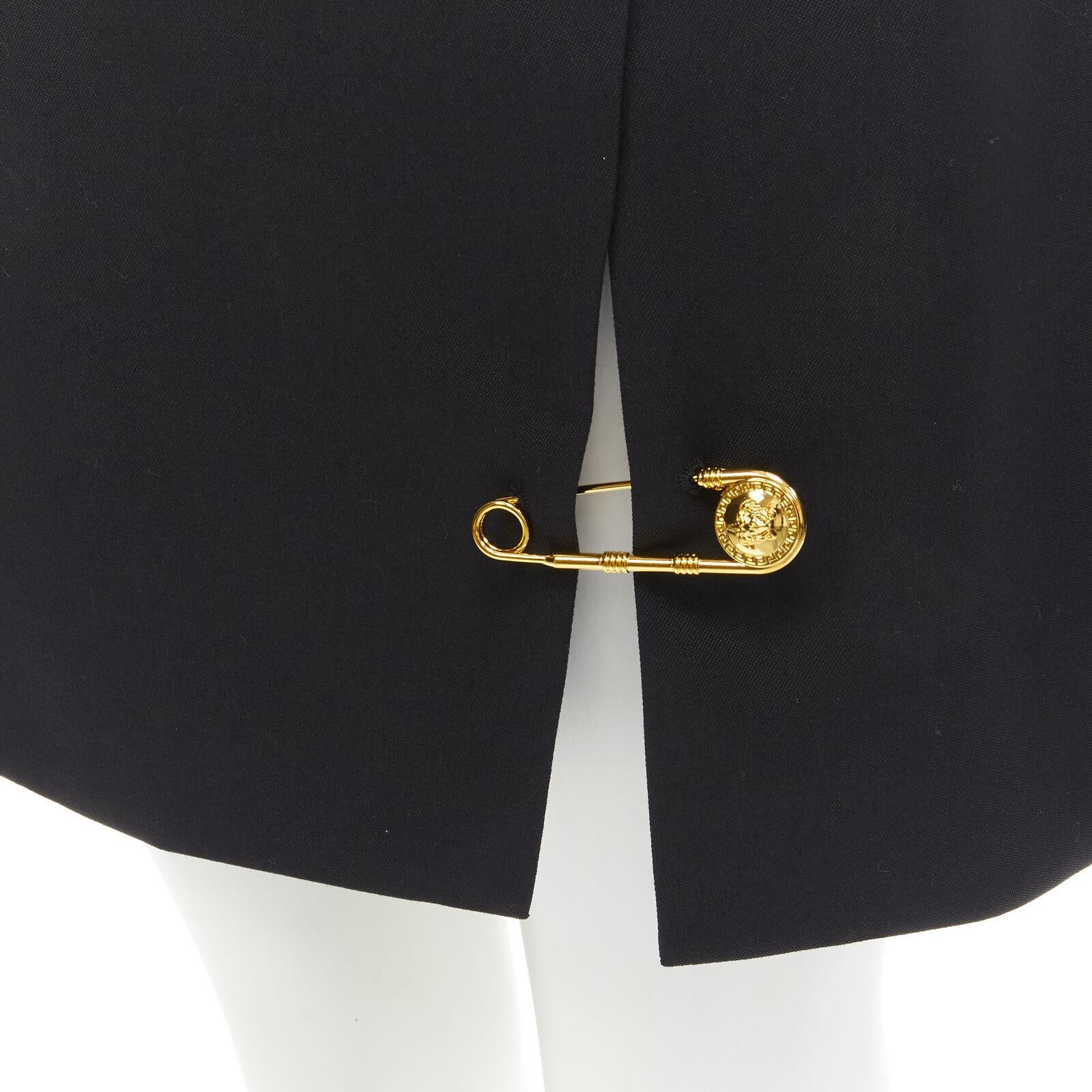 new VERSACE black viscose gold Medusa safety pin high slit mini skirt IT42 M 3