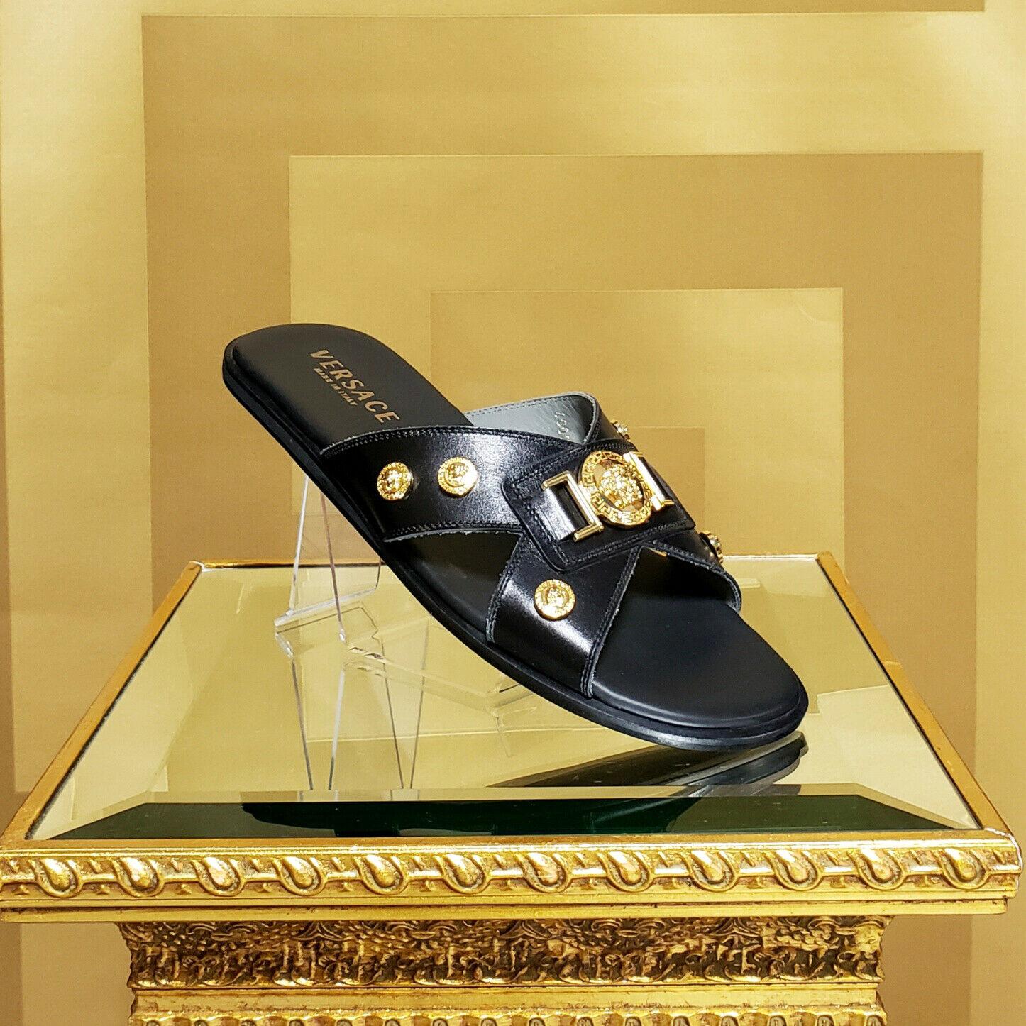 Black NEW VERSACE BLACK W/GOLD HARDWARE LEATHER SANDALS Shoes IT 42 - US 9