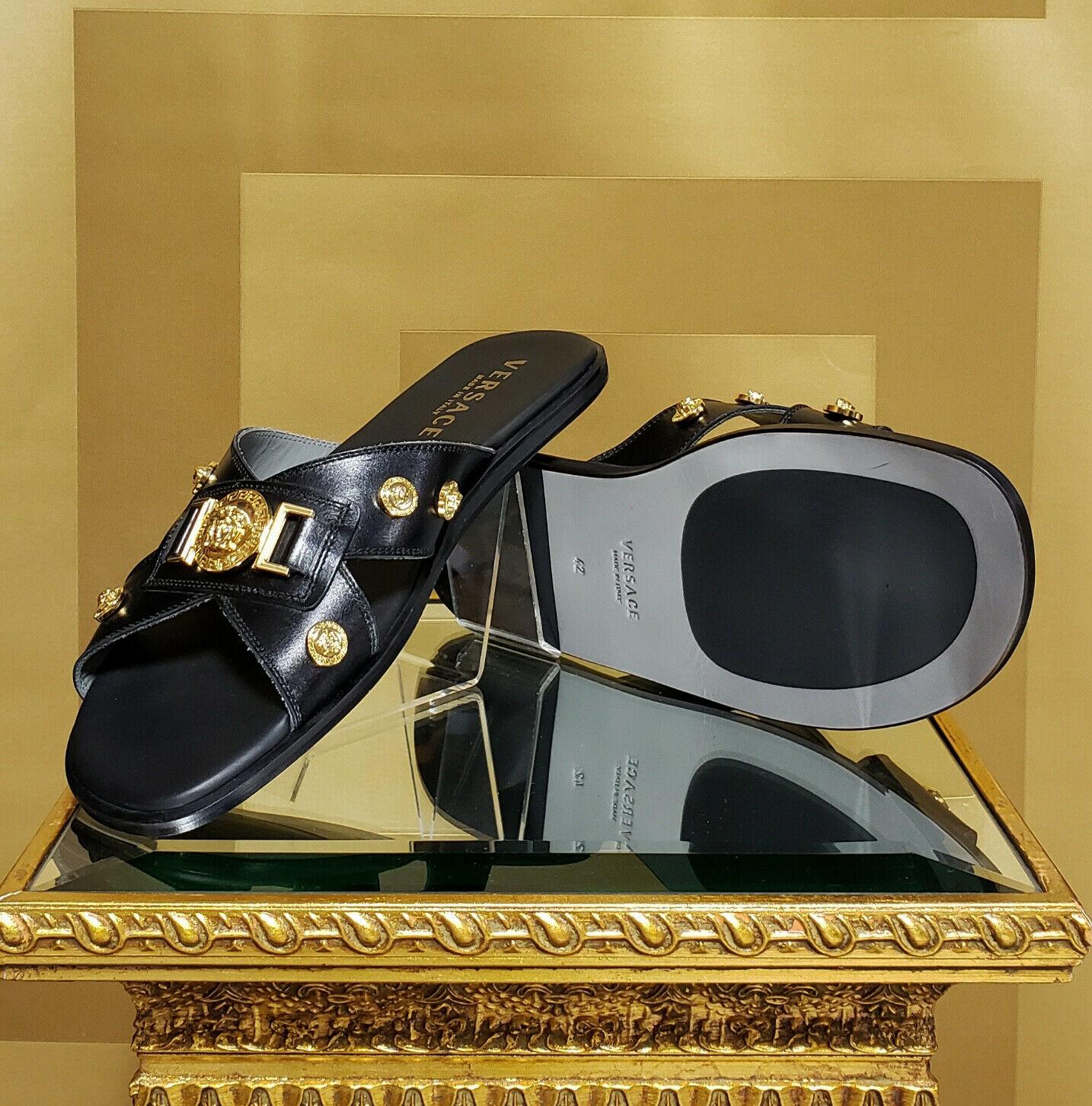 VERSACE

SANDALS
Color: black

Patent Leather 

Gold Plated Hardware

Medusa studs

Italy
Italian Size is 42 - US 9 
insole 11