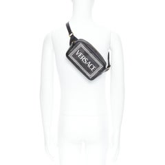 new VERSACE black white 90's logo glossy saffiano leather crossbody belt bag